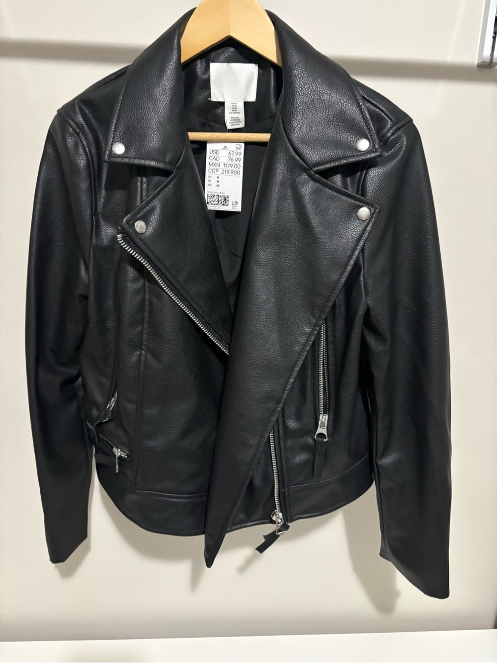 H&M Black Faux Leather Moto Jacket with Silver Hardware